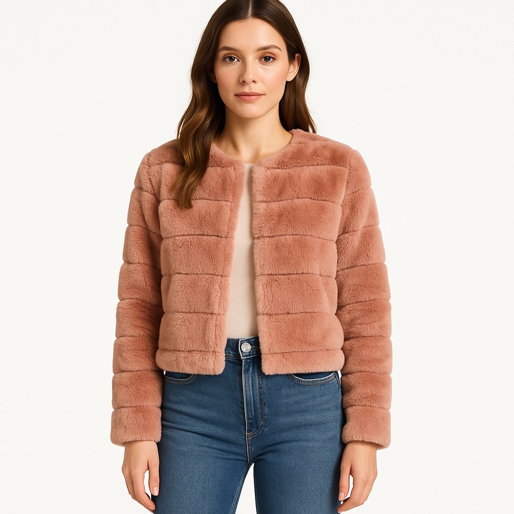 Kenar Pink Faux Fur Teddy Jacket Soft Girl Aesthetic Cozy Chic Crop Coat Medium